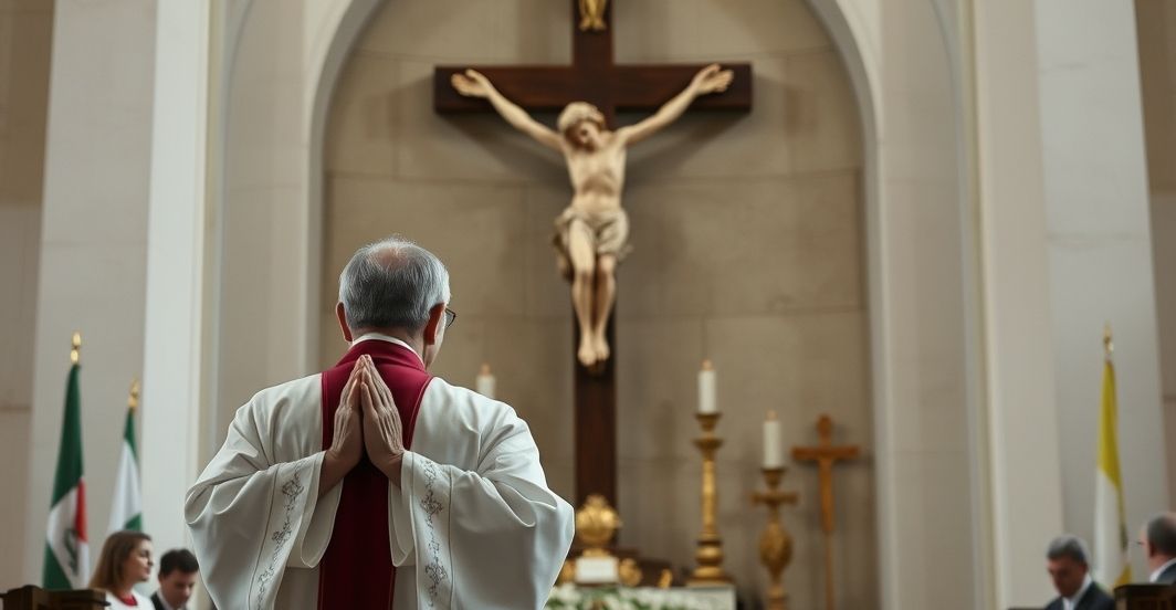 Kapłan w tradycyjnych szatach modlący się przy krucyfiksie, symbolizujący walkę duchową i obronę wiary przed sekularyzacją.