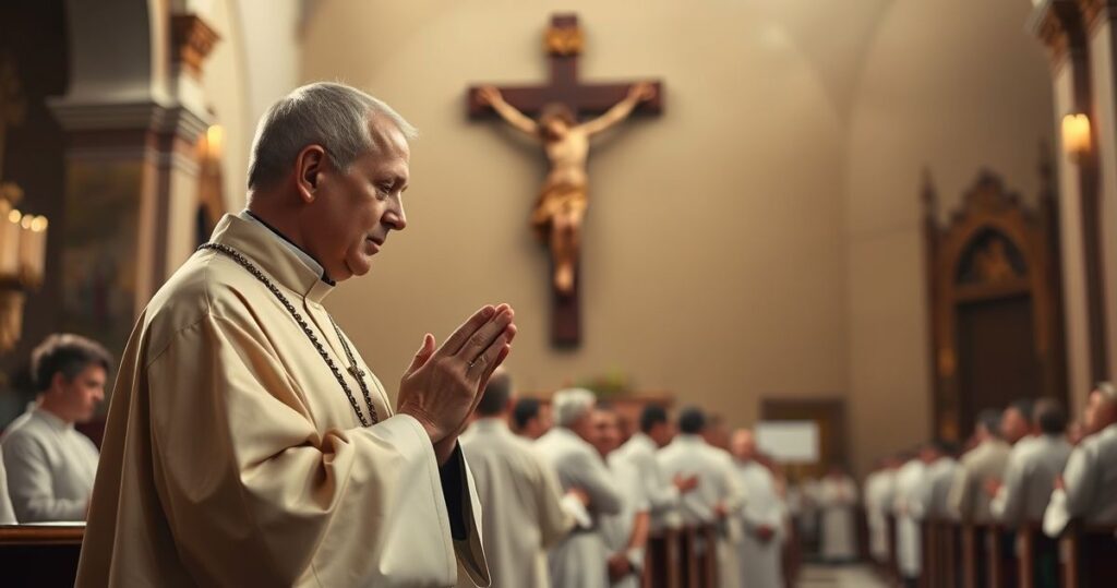 Kapłan w tradycyjnym stroju modli się w kościele, ukazując duchową walkę i powagę wobec kryzysu w Kościele i świecie.