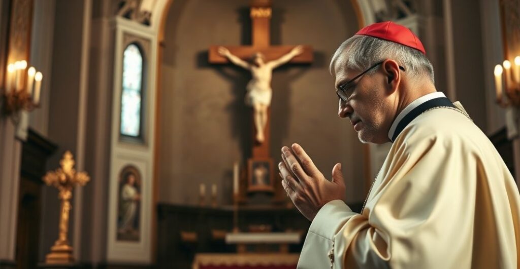 Słowa modlitwy kapłana w świątyni, symbolizujące odrzucenie Chrystusa Króla w dzisiejszej polityce i duchowej kondycji Europy