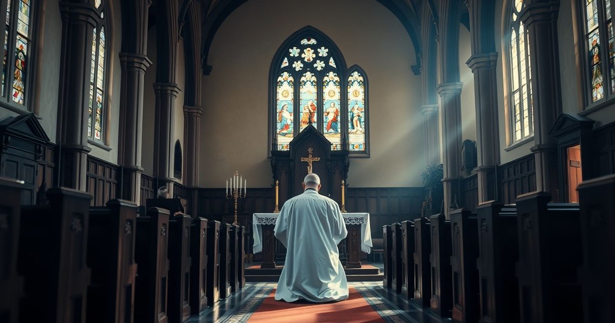 Kapłan w modlitwie przed ołtarzem w tradycyjnej katolickiej świątyni, symbol wiernej obrony praw Bożych i sakramentów