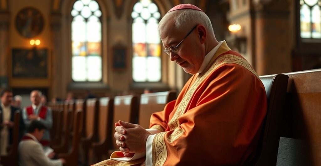 Reverentny obraz kapłana modlącego się w kościele, symbolizujący wierność Chrystusowi w obliczu współczesnych krytyk