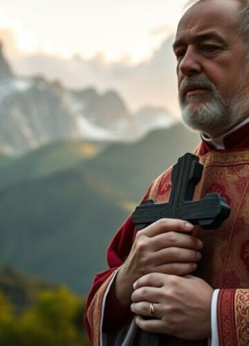 Kapłan w modlitwie na tle gór - symbol prawdziwej nadziei katolickiej Fotografia realistycznego kapłana w tradycyjnym stroju liturgicznym, modlącego się na tle gór, symbolizującego autentyczną nadzieję katolicką i wierność naukom Kościoła.