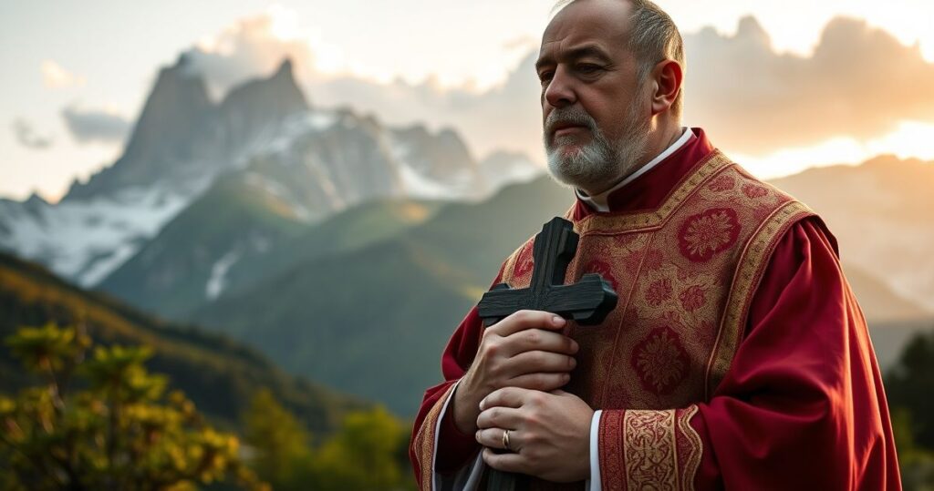 Fotografia realistycznego kapłana w tradycyjnym stroju liturgicznym, modlącego się na tle gór, symbolizującego autentyczną nadzieję katolicką i wierność naukom Kościoła.