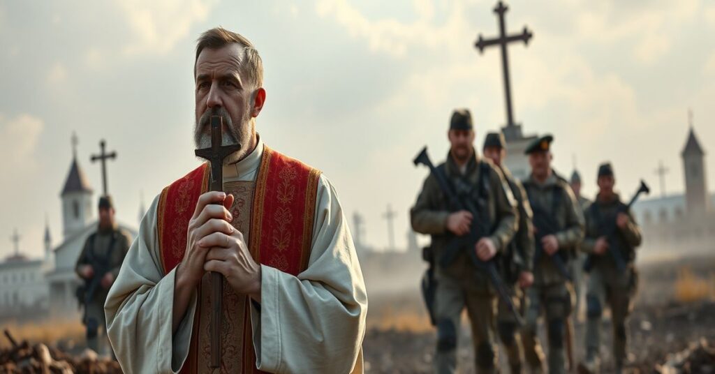 Kapłan katolicki modlący się w zniszczonym pejzażu Donbasu z krzyżem w rękach