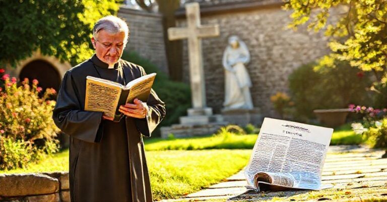 Pozorny kapłan w sutannie modli się w ogrodzie kościelnym przy posągu Matki Boskiej Bolesnej z Biblią otwartą na Ewangelii św. Jana 20:11-18. Na ziemi leży rzucona broszurka o ekologii integralnej.