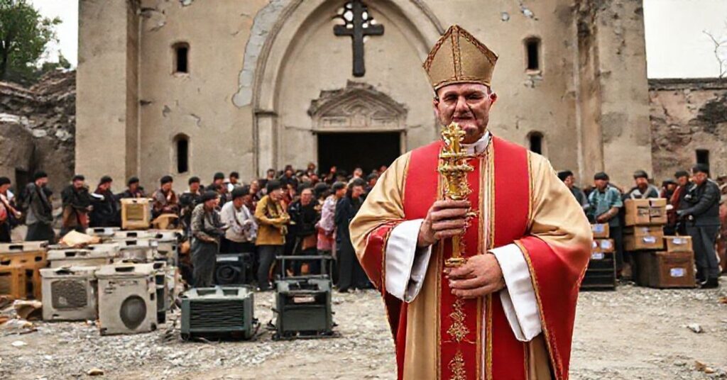 Tradycyjny kapłan katolicki w szatach liturgicznych przed zniszczonym kościołem na Wschodzie z monstrancją i ludźmi czekającymi na pomoc materialną.