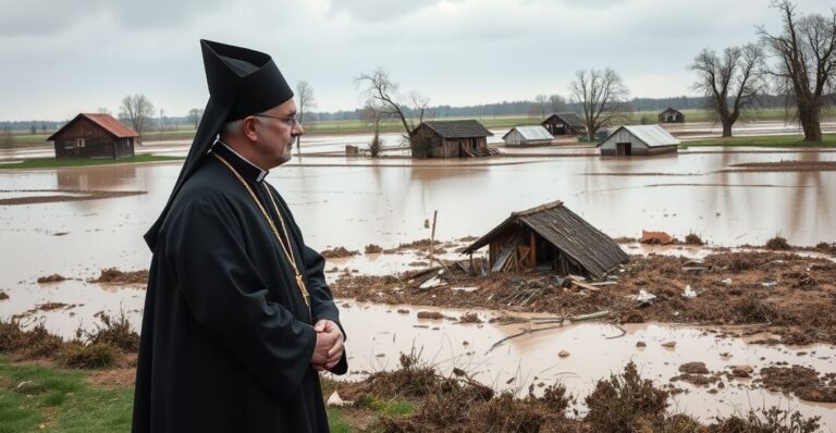 Kapłan katolicki w tradycyjnym stroju, modlący się przy powodzi w Kotlinie Kłodzkiej, symbolizujący duchową potrzebę pokuty i odwrócenia od sekularyzacji