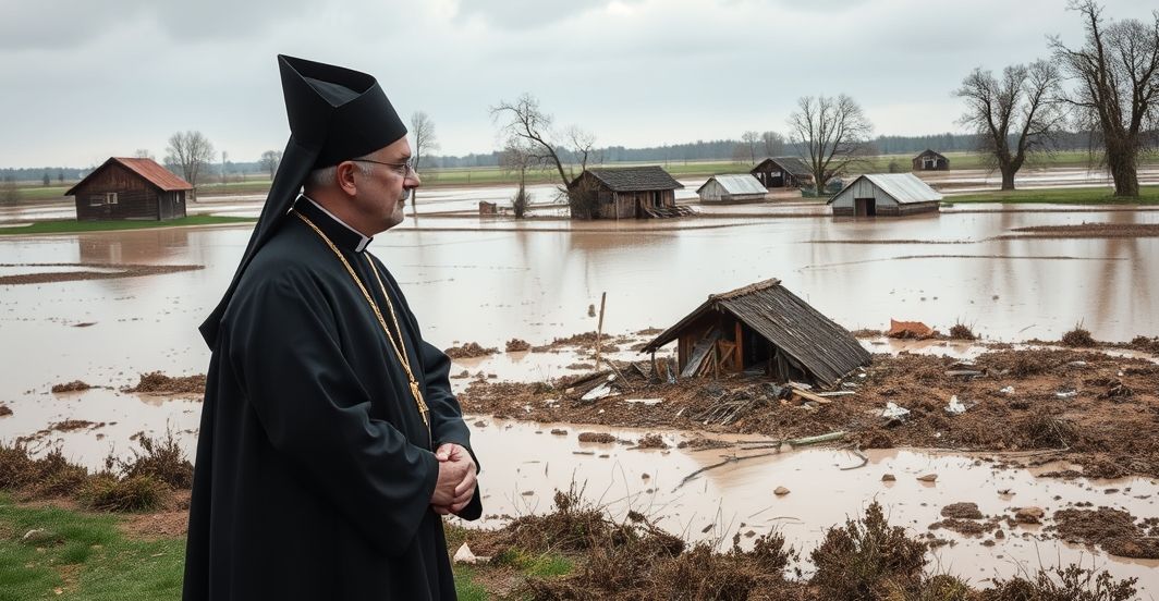 Kapłan katolicki w tradycyjnym stroju, modlący się przy powodzi w Kotlinie Kłodzkiej, symbolizujący duchową potrzebę pokuty i odwrócenia od sekularyzacji