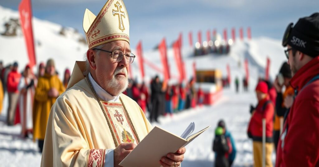 Obraz przedstawiający tradycyjną mszę świętą odprawianą przez kapłana w liturgicznych szatach na tle zawodów narciarskich Zwiiązku Podhalan. Kontrastuje pełną świętością liturgii z komercyjnym charakterem wydarzenia sportowego.