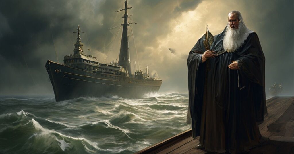 Kapłan w tradycyjnych szatach stoi na pokładzie statku z "floty cieni", na tłu gdzie burzliwe morze symbolizuje upadek chrześcijańskiej cywilizacji. Latarnia morska w tle oznacza prawdziwą boską kierownicą.