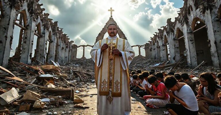 Kapelan w tradycyjnych szatach liturgicznych trzyma monstrancję w zniszczonym kościele na Filipinach podczas modlitwy po trzęsieniu ziemi