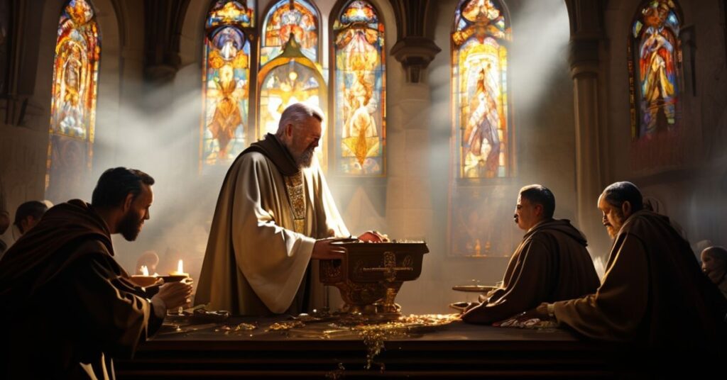 Tradycyjny wnętrze kościelne z ołtarzem i kapłanem udzielającym namaszczenia choremu. Scena pełna wiary i świętości.