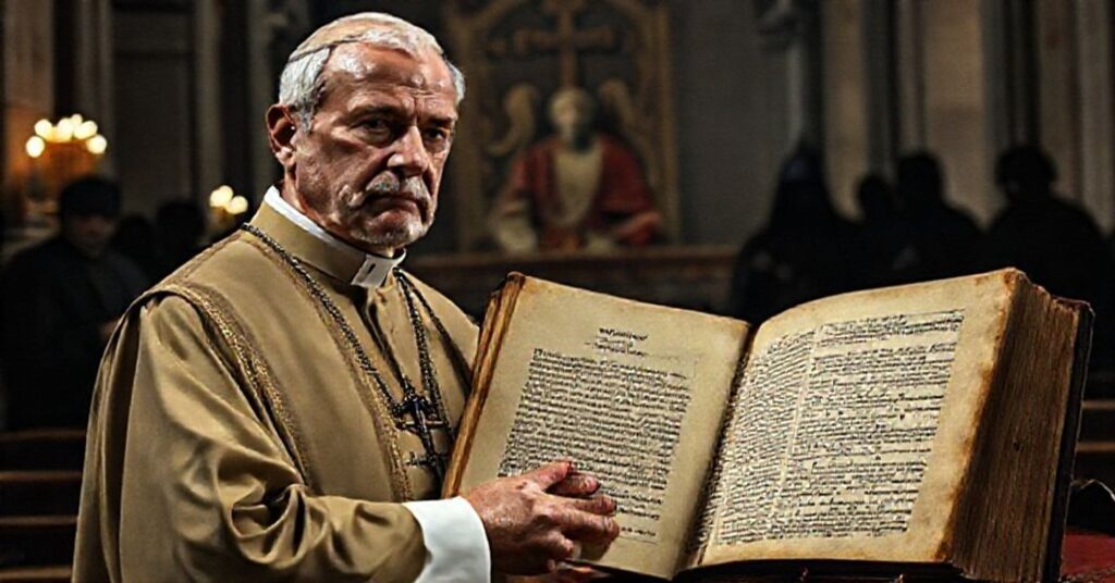 Tradycyjny katolicki kapłan stoi przed starożytnym manuskryptem zawierającym Nicejskie Wyznanie Wiary, z wizerunkiem Papieża Sylwestra I na tle. W tle widoczne są cienie heretyckich postaci. Scena jest oświetlona smutnym światłem katedry, podkreślającą powagę teologicznej zdradzieckiej treści artykułu.