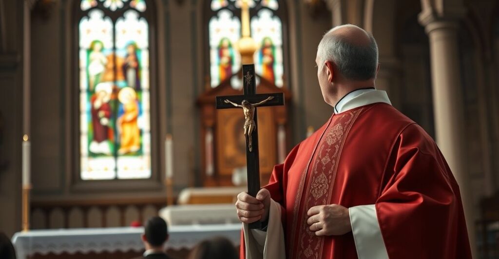 Kapłan w tradycyjnym stroju katolickim trzymający krucyfiks w świątyni, symbolizujący odwagę w obronie wiary przeciwko tyranii państwowej