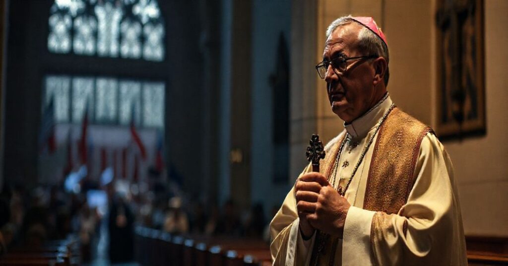 Kapłan tradycyjny w katolickiej szacie liturgicznej trzyma krzyż w koście, patrzy z nieżpodobaniem na protesty antychrześcijańskie sponsorowane przez państwo.