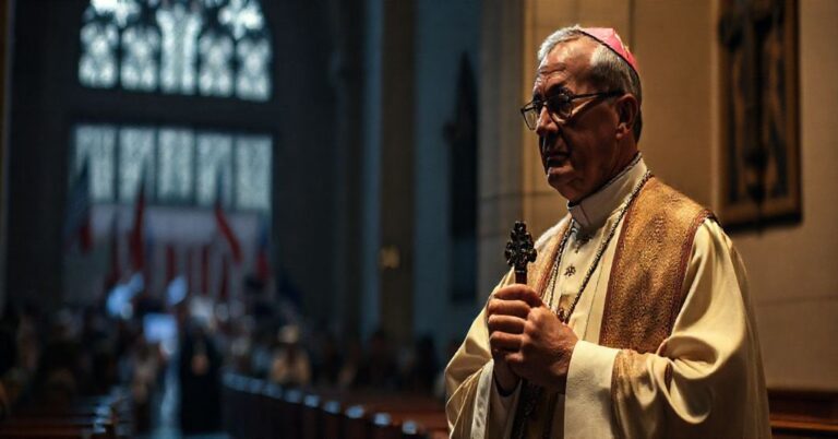 Kapłan tradycyjny w katolickiej szacie liturgicznej trzyma krzyż w koście, patrzy z nieżpodobaniem na protesty antychrześcijańskie sponsorowane przez państwo.