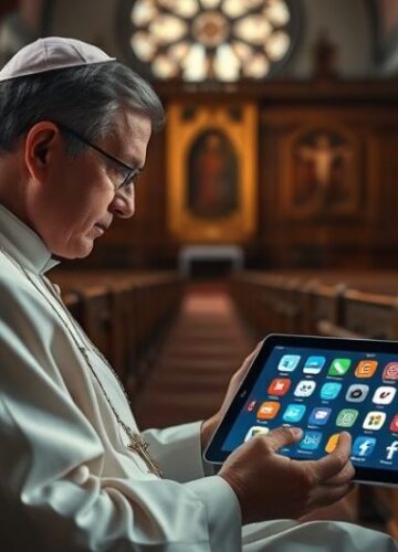 Kapłan katolicki rozważający zagrożenia wolności religijnej i moralnej Rehutowany kapłan w tradycyjnych szatach katolickich, rozważający ikonę mediów społecznościowych na tablecie w świątyni, symbolizujący krytykę tyranii państwowej i utraty wolności duchowej zgodnie z nauką Kościoła.