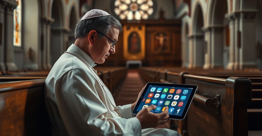 Rehutowany kapłan w tradycyjnych szatach katolickich, rozważający ikonę mediów społecznościowych na tablecie w świątyni, symbolizujący krytykę tyranii państwowej i utraty wolności duchowej zgodnie z nauką Kościoła.