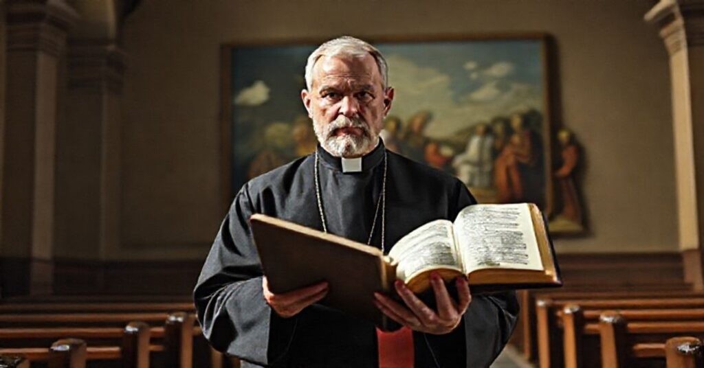 Prawy katolicki kapłan w tradycyjnym stroju trzyma Biblię w kościele, patrząc z troskliwością na nowoczesną interpretację Ewangelii.