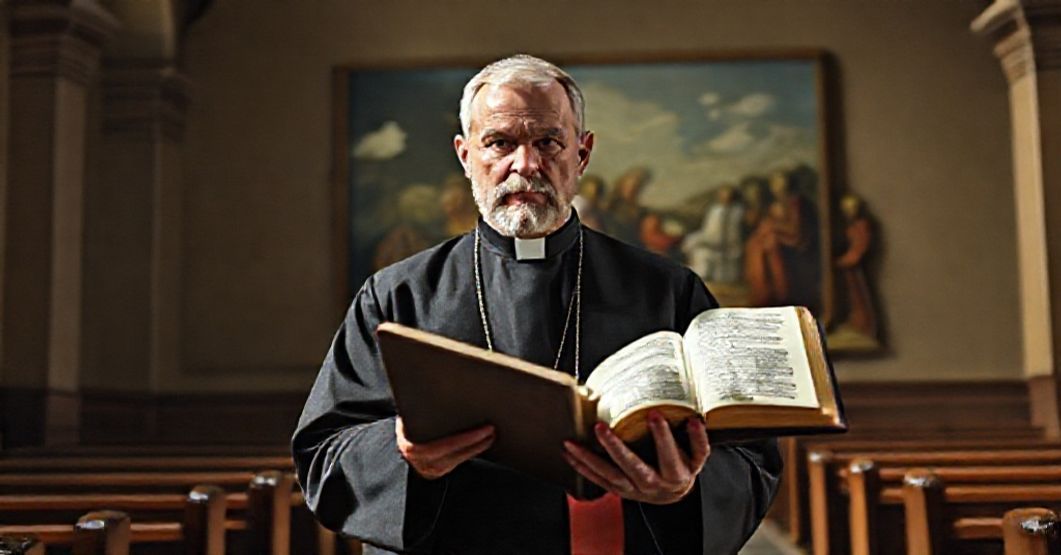 Prawy katolicki kapłan w tradycyjnym stroju trzyma Biblię w kościele, patrząc z troskliwością na nowoczesną interpretację Ewangelii.