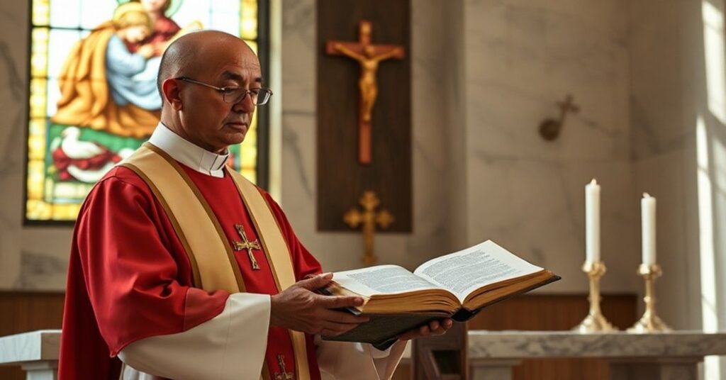 Kapłan w tradycyjnych szatach liturgicznych stoi przed ołtarzem, trzymając brewiarz, z witrażem przedstawiającym Zwiastowanie na tle. Scena oddaje powagę i zaniepokojenie dotyczące moralnych kompromisów prawnych w ochronie życia nienarodzonego.