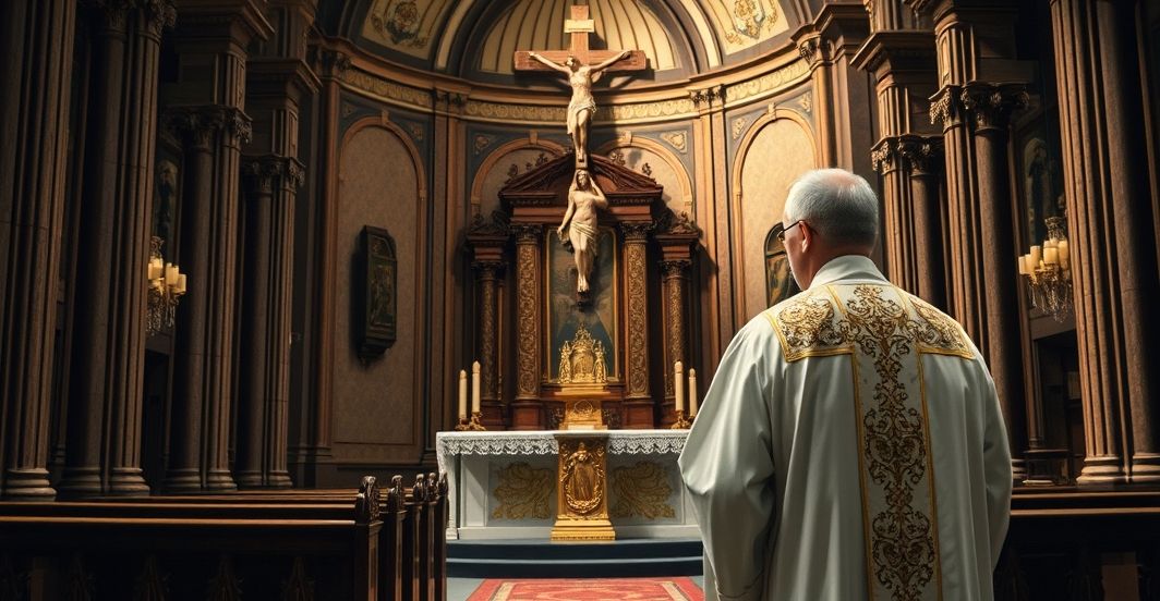 Katolicki kapłan w refleksji nad kryzysem duchowym i brakiem uznania Chrystusowego panowania Kapłan w tradycyjnych szatach przed ołtarzem, ukazujący duchową powagę i odrzucenie nowoczesnego sekularyzmu w katolickim kościele