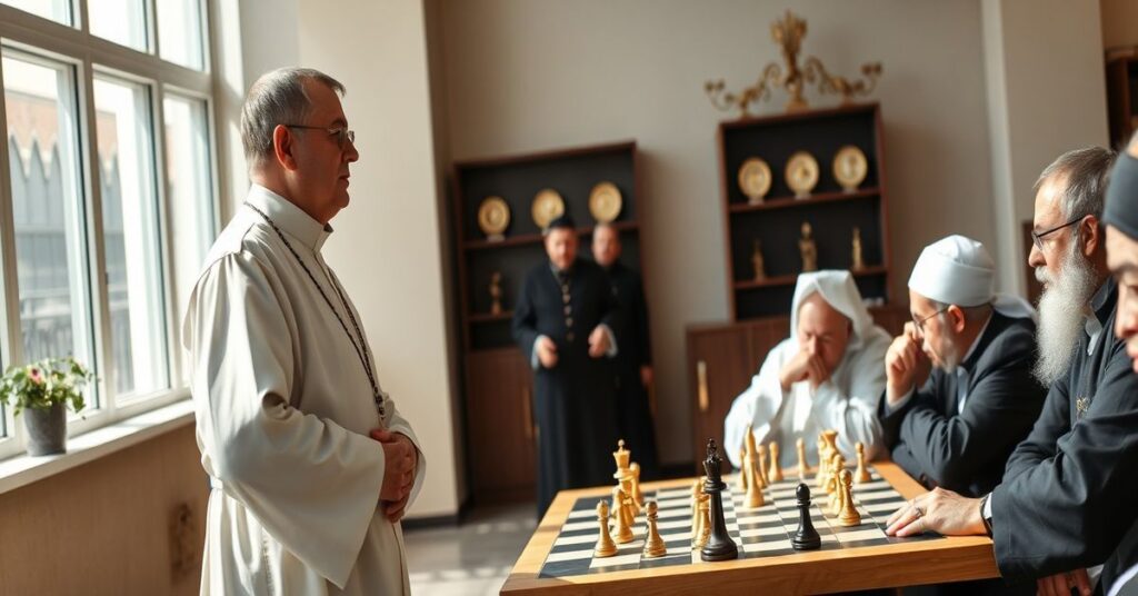 Prawdziwy kapłan katolicki w sutannie stoi w oddaleniu od grupy duchownych grających w szachy, symbolizując odrzucenie sekularyzacji i przywrócenie władzy Chrystusa