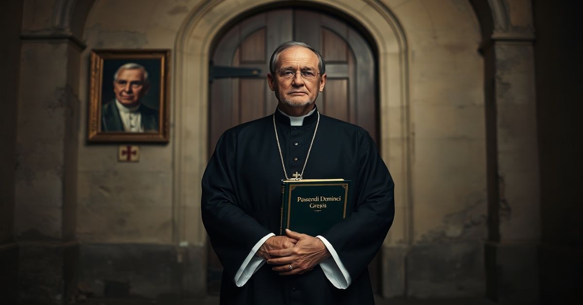 Tradycyjny kapłan katolicki w ornacie liturgicznym stoi przed zamkniętymi drzwiami starodawnego kościoła, symbolizując odrzucenie herezji modernistycznej.