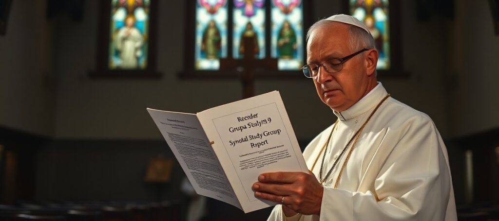 Tradycyjny kapłan katolicki w ciemnym kościele przed otwartym mszałem, trzymając odrzucony raport Grupy Studyjnej 9.