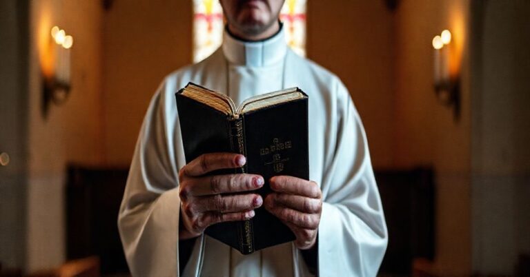 Tradycyjny kapłan katolicki w kaplicy, symbolizujący opór wobec apostazji