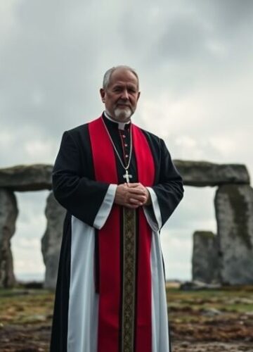 Kapłan i starożytny krąg kamienny na Orkadach - duchowa refleksja Kapłan w tradycyjnym stroju stojący przed starożytnym kręgiem kamiennym na Orkadach, ukazujący głęboki szacunek do miejsca kultu, podkreślając duchową refleksję nad dewastacją sakralnych miejsc przez turystykę.
