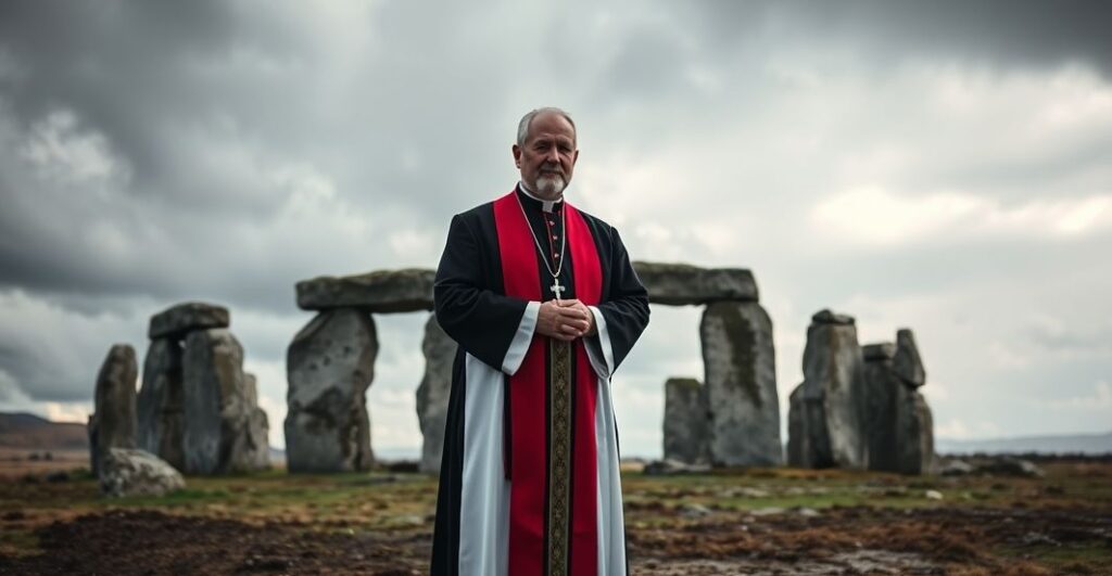 Kapłan w tradycyjnym stroju stojący przed starożytnym kręgiem kamiennym na Orkadach, ukazujący głęboki szacunek do miejsca kultu, podkreślając duchową refleksję nad dewastacją sakralnych miejsc przez turystykę.