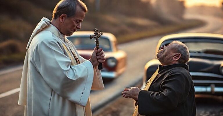 Kapłan w tradycyjnej sutannie udziela ostatnich namaszczeń umierającemu mężczyźnie na drodze, z retro samochodem w tle. Scena jest nasycona duchową powagą i namiętnością.