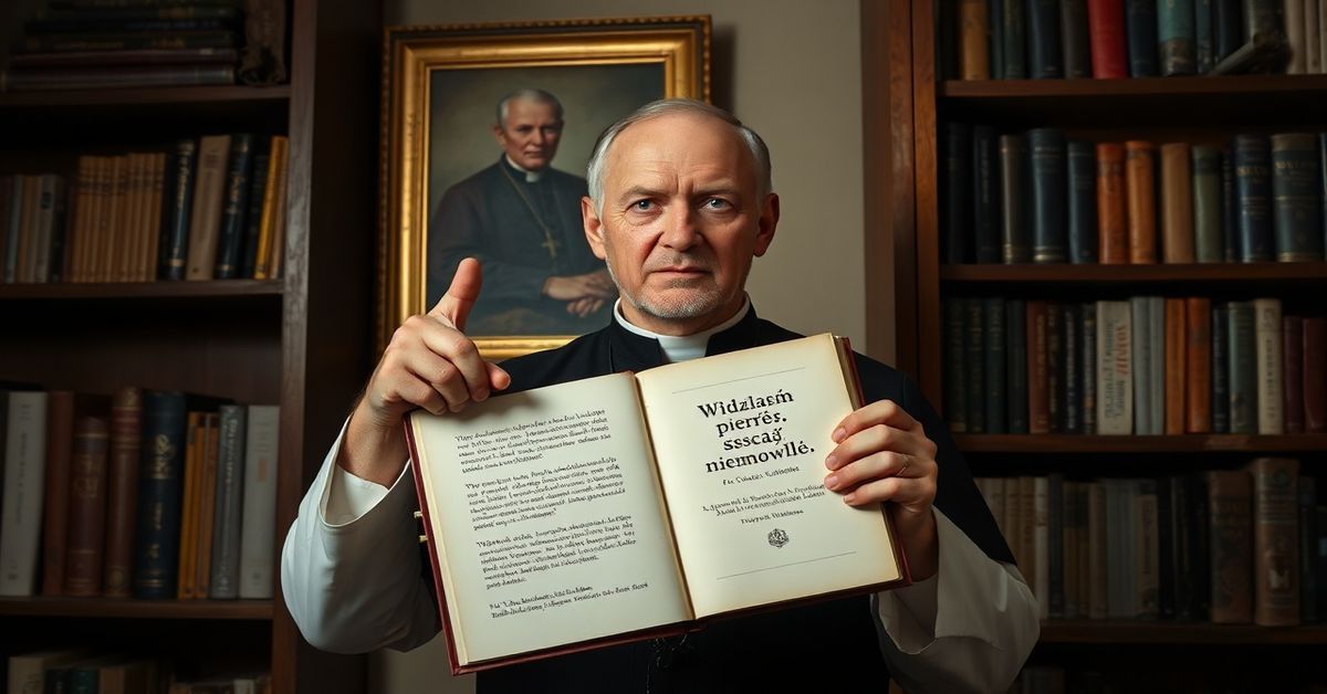 Kapłan w tradycyjnym habitacie trzymający książkę z kontrowersyjna poezją czeską, przed portretem Piusa X.