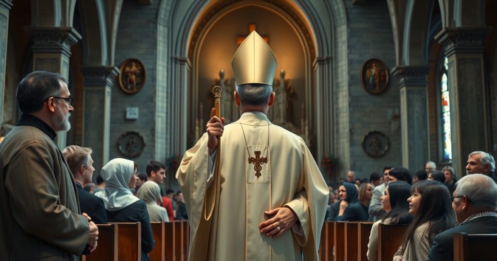 Zdjęcie kapłana w tradycyjnym stroju katolickim, przemawiającego do wiernych w kościele, symbolizujące opór wobec nowoczesnych ideologii i obronę wiary.