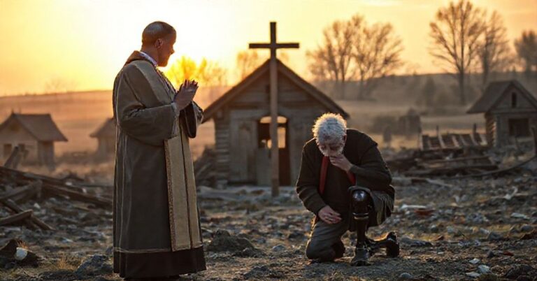 Kapłan w tradycyjnych szatach stojąc przed królem w zniszczonej polskiej wsi, z tłumaczonym staruszkiem na kolanach w tłu. Scena jest nasycona ugaszonym słońcem i symbolizuje krzyż Boży w czasie ludzkich cierpień.