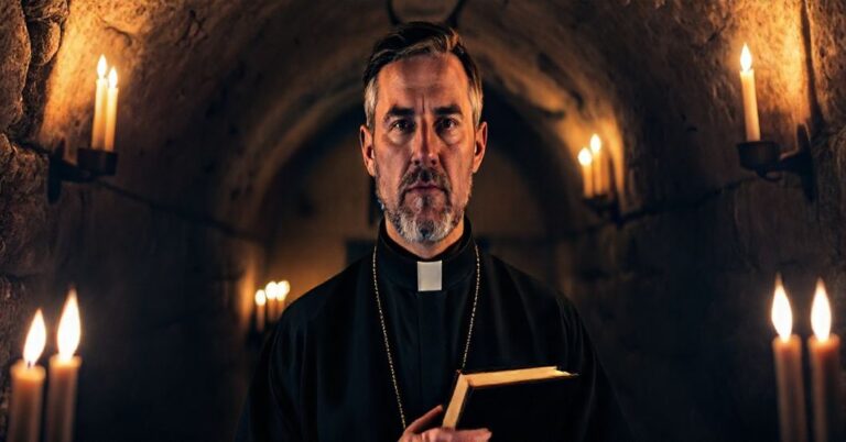 Portret tradycyjnego kapłana katolickiego w podziemnej kaplicy podczas modlitwy