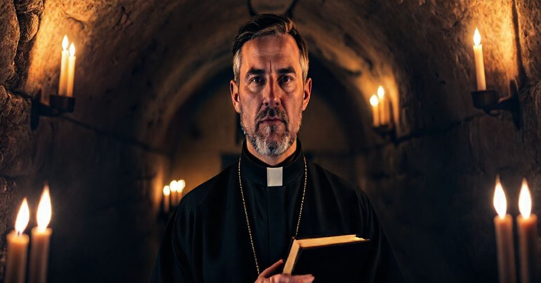 Portret tradycyjnego kapłana katolickiego w podziemnej kaplicy podczas modlitwy