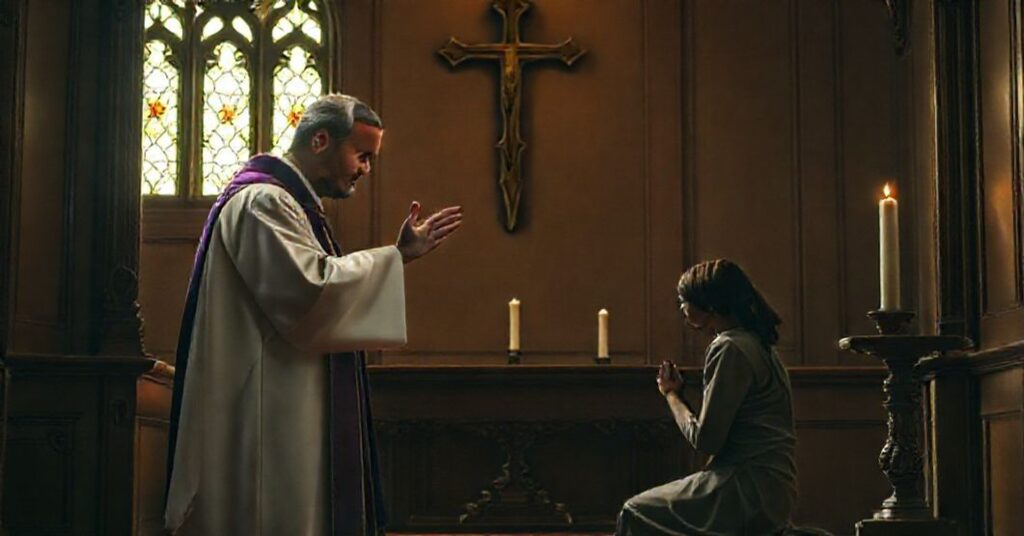 Tradycyjny kapłan w konfesjonałach udzielający sakramentu pokuty w atmosferze powagi i pokuty