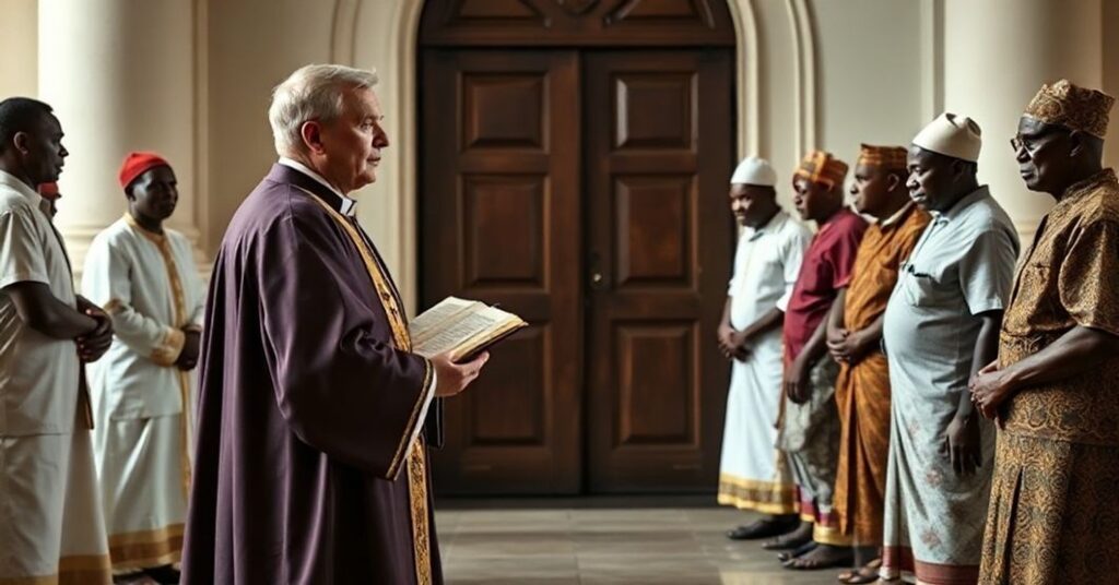 Tradycyjny kapłan katolicki w liturgicznych szatach stoi przed zamkniętymi drzwiami kościoła, trzymając zamkniętą Biblię i patrząc na grupę afrykańskich mężczyzn w tradycyjnym stroju trzymających się za ręce w poligamicznej układance. Scena jest oświetlona miękkim, naturalnym światłem w smutnej atmosferze.