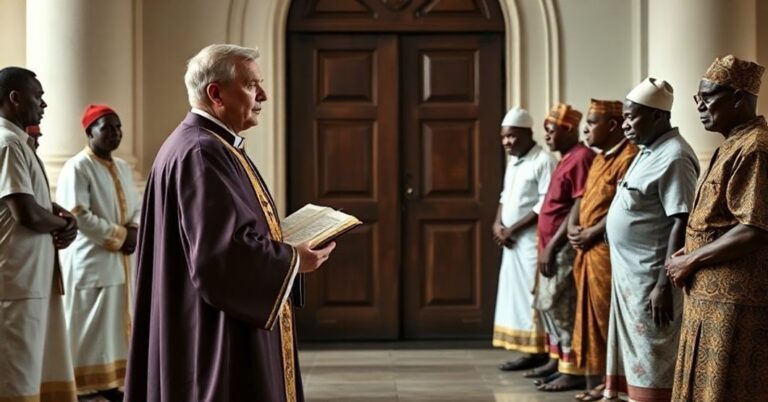 Tradycyjny kapłan katolicki w liturgicznych szatach stoi przed zamkniętymi drzwiami kościoła, trzymając zamkniętą Biblię i patrząc na grupę afrykańskich mężczyzn w tradycyjnym stroju trzymających się za ręce w poligamicznej układance. Scena jest oświetlona miękkim, naturalnym światłem w smutnej atmosferze.