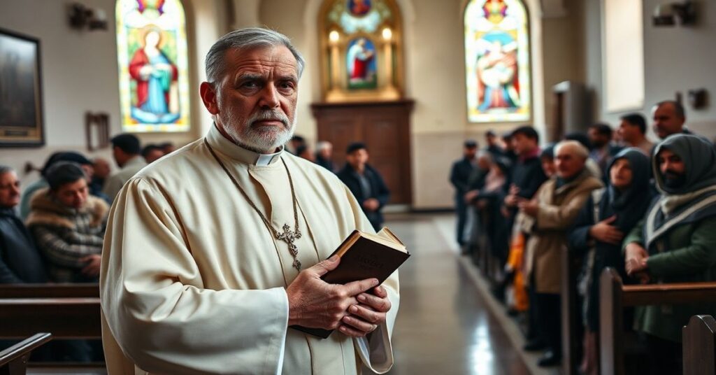 Tradycyjny kapłan katolicki w szatach liturgicznych w modnej parafii Ponte Mammolo w Rzymie z grupą potrzebujących