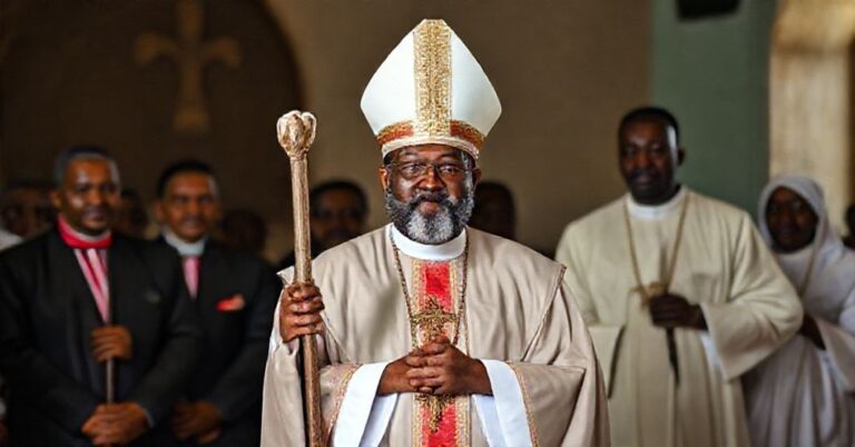 Kapłan Emmanuela Ezema stojący w ruinach kościoła w Nigerii podczas ataków islamskich