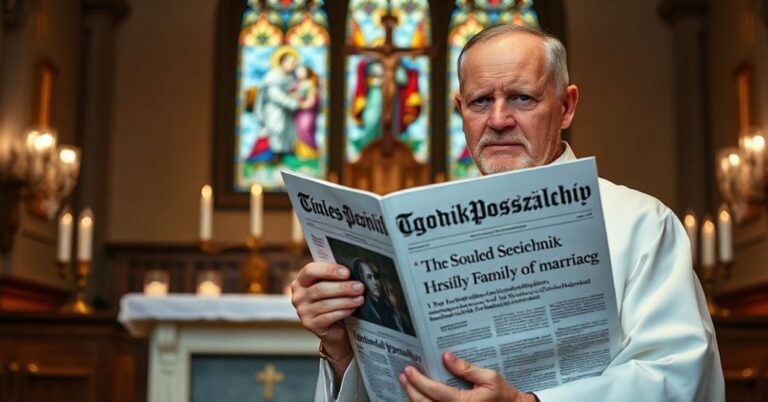 Tradycyjny kapłan w szatach liturgicznych trzyma czasopismo Tygodnik Powszechny przed ołtarzem z krzyżem i świecami w koście.