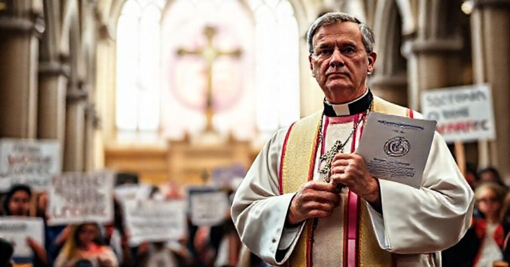 Kapłan w tradycyjnych szatach przed tłumem z krzyśem i dokumentem WHO potępiającym sztuczne zapłodnienie dla par jednopłciowych