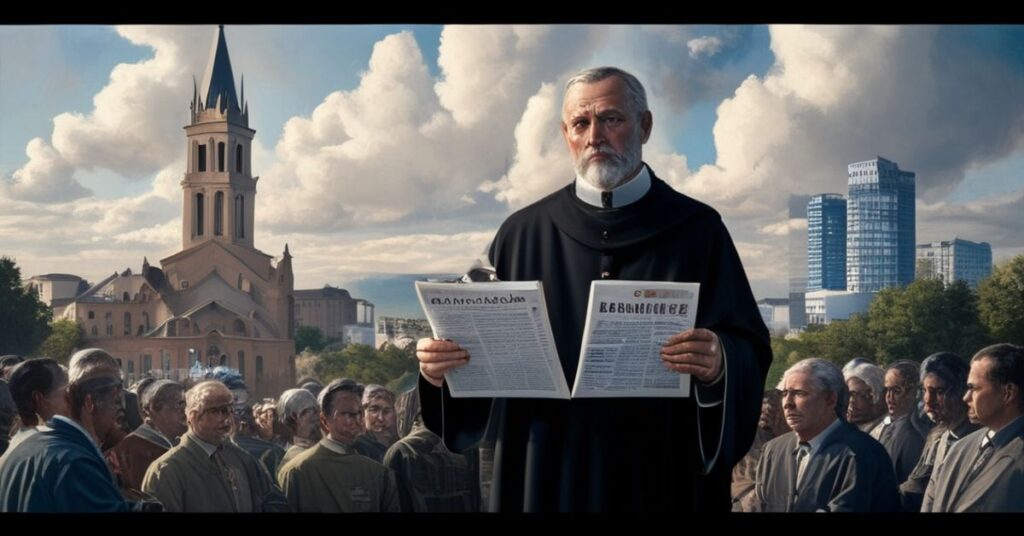 Kapłan w tradycyjnych szatach przed tłumem wiernych trzymając gazetę z tytułem 'CBC: Filarem naszej suwerenności?' na tle kanadyjskiego krajobrazu z kościołem i budynkami mediów.