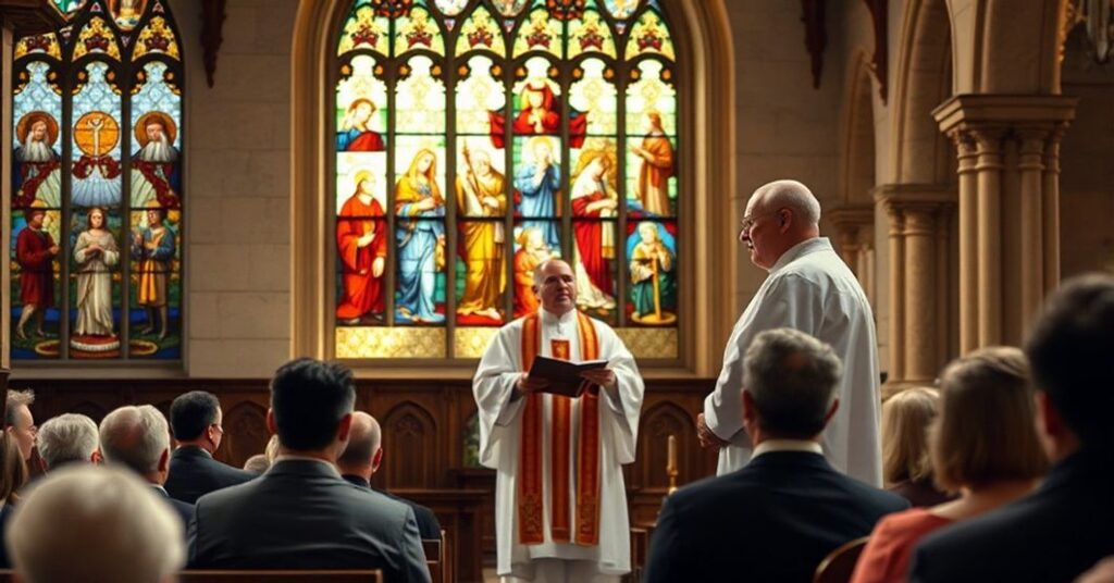 Wnętrze katolickiego kościoła z kapłanem wygłaszającym kazanie o społecznej niesprawiedliwości i materialistycznym ujęciu dobrobytu