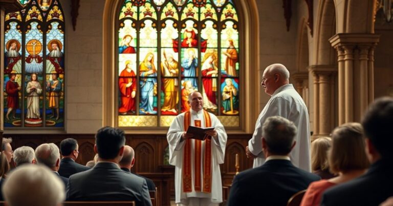 Wnętrze katolickiego kościoła z kapłanem wygłaszającym kazanie o społecznej niesprawiedliwości i materialistycznym ujęciu dobrobytu