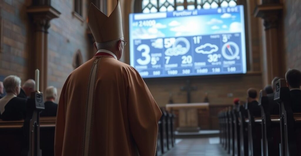 Kapłan w tradycyjnych szatach modli się przed prognozą pogody, symbolizując krytykę współczesnego zastępowania Boga nauką i meteorologią