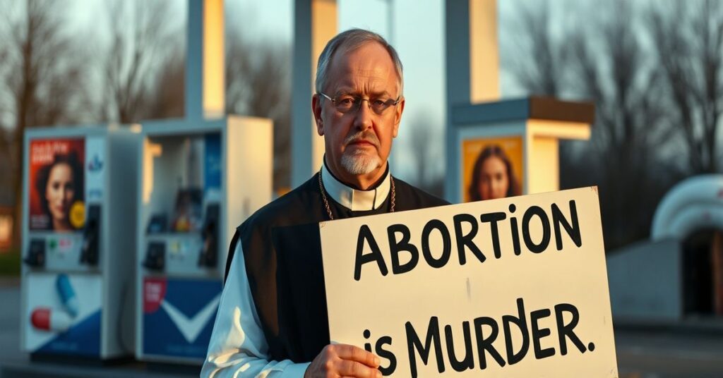 Kapłan w tradycyjnych szatach kościołowych stoi przed stacją benzynową z napisem "Aborcja to morderstwo" na tablicy.